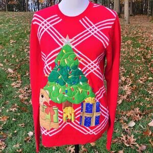Jolly Sweaters Holiday Ugly Christmas Sweater with Christmas Tree, Bear & Gifts